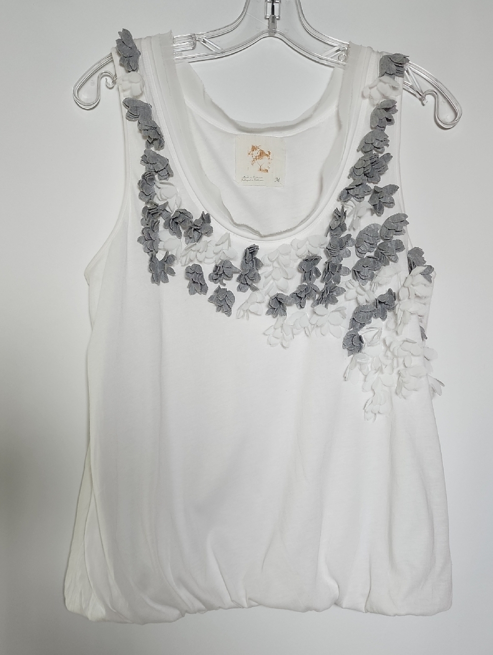 Anthropologie White Tank with Gray Floral Appliqués